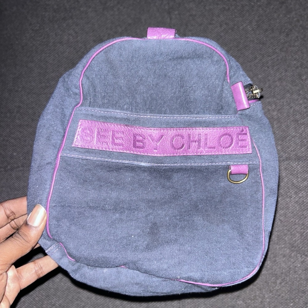 See By Chloe Navy Blue Canvas Duffle Messenger Bag Purple Leather Accents Rare